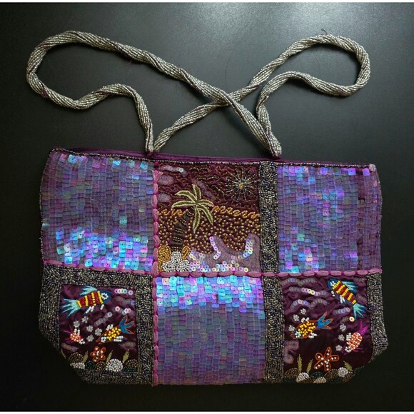 Beaded Sequin Purse Hand Bag Made in India Tropical Fish & Palm Trees Beautiful - Picture 1 of 4